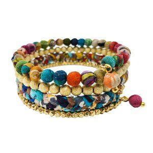 Fair Trade Spiral Bracelet Upcycled Kantha Fabric Bone Wood Brass Boho Handmade